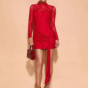 Red Sexy Women's Lace Sheer Long Sleeve Ribbon Dress